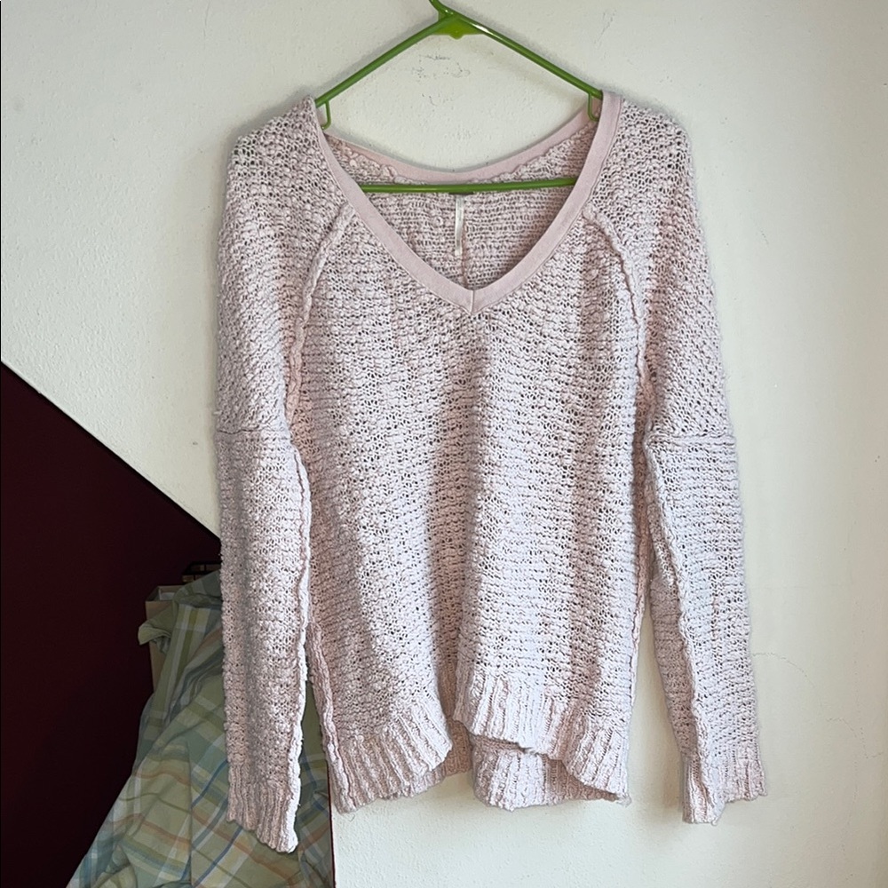 Free People Pink V-Neck Sweater Lightweight Knit
